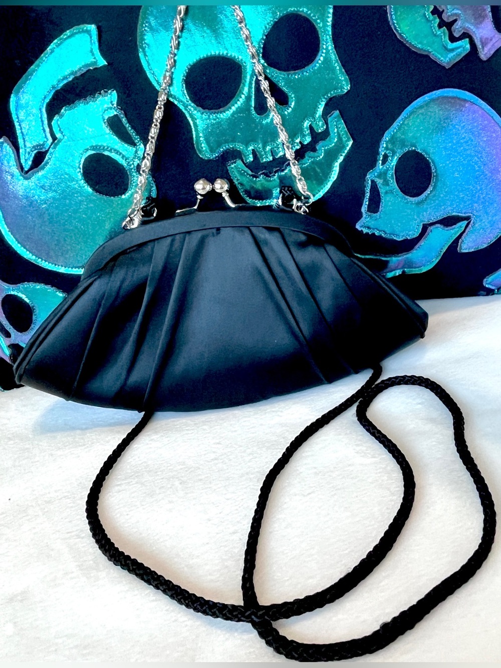 Apt. 9 Black Satin Ruched Evening Clutch Bag with Rhinestone Bow Accent - Picture 2 of 4